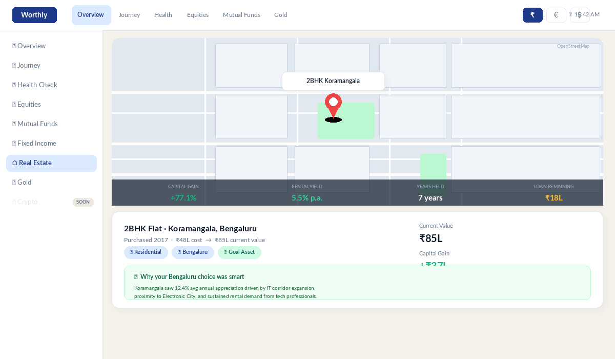 Worthly real estate section showing Pune flat with capital gain and map